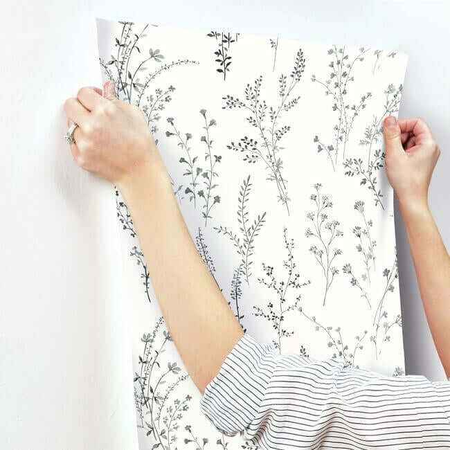 Wildflower Sprigs Black & White Wallpaper - York Wallcoverings - FH4026 - York Wallcoverings Wallpaper