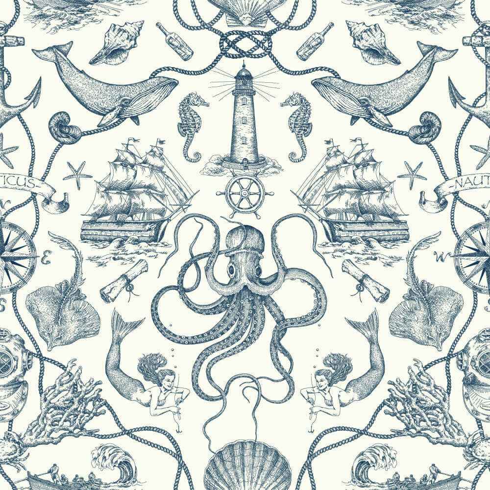 Deep Sea Toile Blue Wallpaper - York Wallcoverings - HO3361 - York Wallcoverings Wallpaper