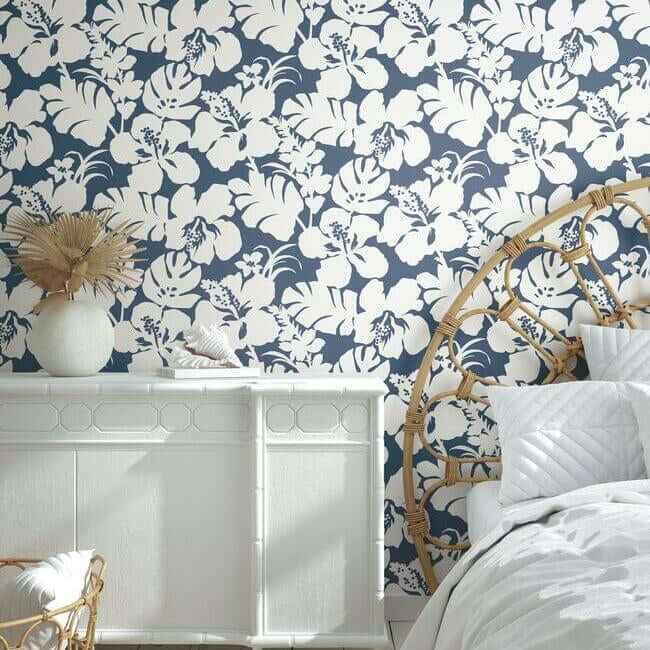 Hibiscus Arboretum Navy Wallpaper - York Wallcoverings - CV4441 - York Wallcoverings Wallpaper
