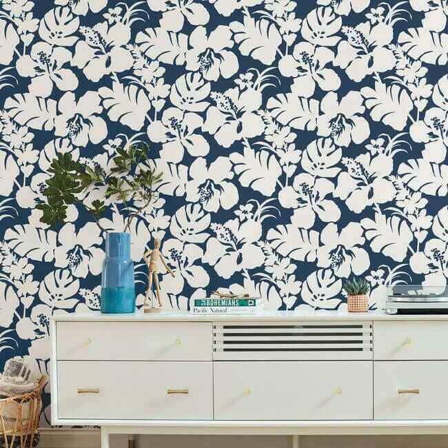Hibiscus Arboretum Navy Wallpaper - York Wallcoverings - CV4441 - York Wallcoverings Wallpaper