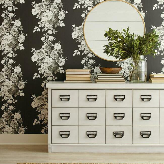 tea-rose-premium-peel-stick-wallpaper-blackwhite-on-black-york-wallcoverings-psw1156rl - York Wallcoverings Wallpaper