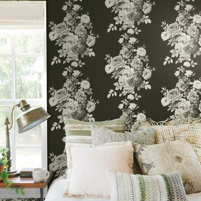 tea-rose-premium-peel-stick-wallpaper-blackwhite-on-black-york-wallcoverings-psw1156rl - York Wallcoverings Wallpaper
