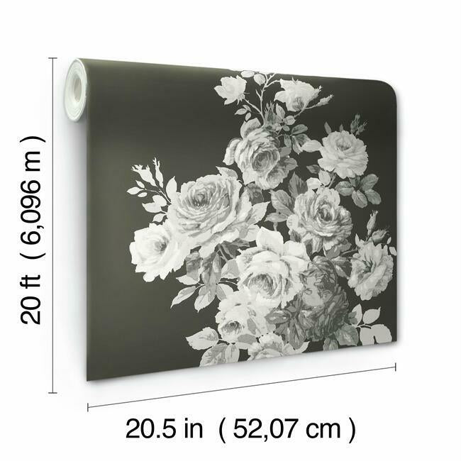 tea-rose-premium-peel-stick-wallpaper-blackwhite-on-black-york-wallcoverings-psw1156rl - York Wallcoverings Wallpaper