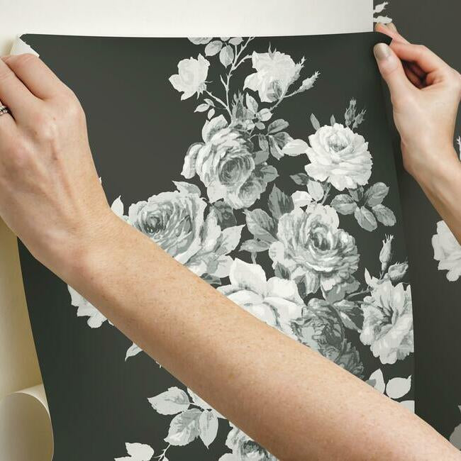 tea-rose-premium-peel-stick-wallpaper-blackwhite-on-black-york-wallcoverings-psw1156rl - York Wallcoverings Wallpaper