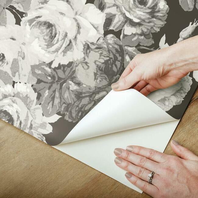 tea-rose-premium-peel-stick-wallpaper-blackwhite-on-black-york-wallcoverings-psw1156rl - York Wallcoverings Wallpaper