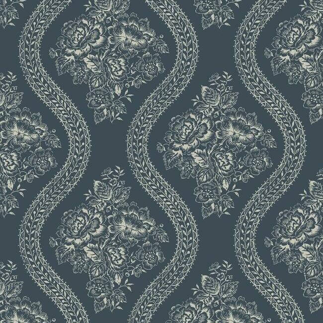coverlet-floral-premium-peel-stick-wallpaper-taupe-on-navy-york-wallcoverings-psw1178rl - York Wallcoverings Wallpaper