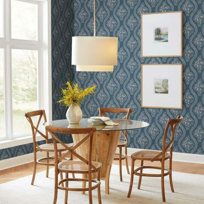 coverlet-floral-premium-peel-stick-wallpaper-taupe-on-navy-york-wallcoverings-psw1178rl - York Wallcoverings Wallpaper
