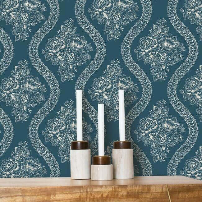 coverlet-floral-premium-peel-stick-wallpaper-taupe-on-navy-york-wallcoverings-psw1178rl - York Wallcoverings Wallpaper