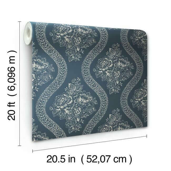 coverlet-floral-premium-peel-stick-wallpaper-taupe-on-navy-york-wallcoverings-psw1178rl - York Wallcoverings Wallpaper