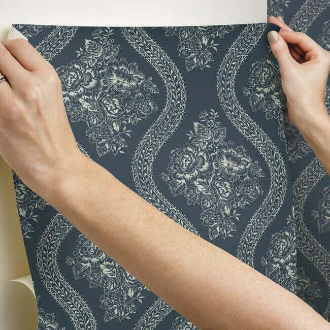 coverlet-floral-premium-peel-stick-wallpaper-taupe-on-navy-york-wallcoverings-psw1178rl - York Wallcoverings Wallpaper