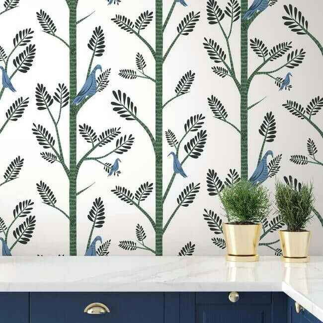 Aviary Branch Blue & Green Peel & Stick Wallpaper - York Wallcoverings - PSW1237RL