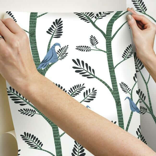 aviary-branch-blue-green-peel-stick-wallpaper-york-wallcoverings-psw1237rl - York Wallpaper Wallpaper