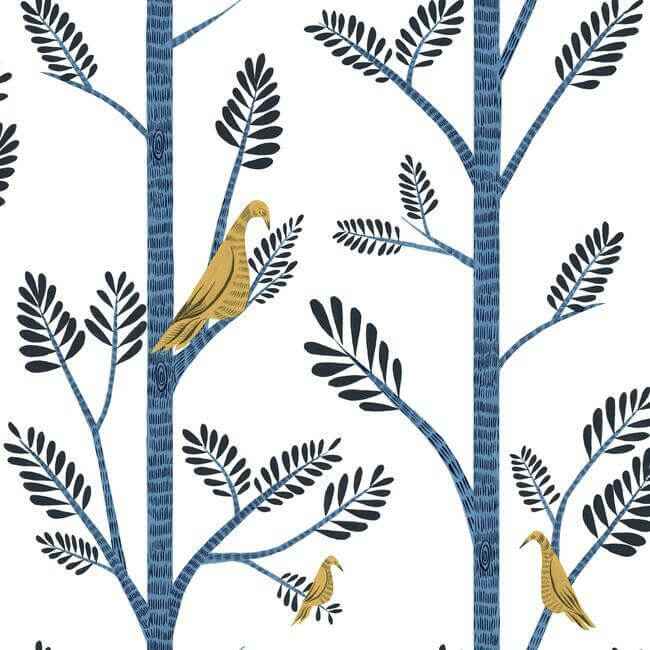 Aviary Branch Blue & Yellow Peel & Stick Wallpaper - York Wallcoverings - PSW1236RL - York Wallcoverings Wallpaper