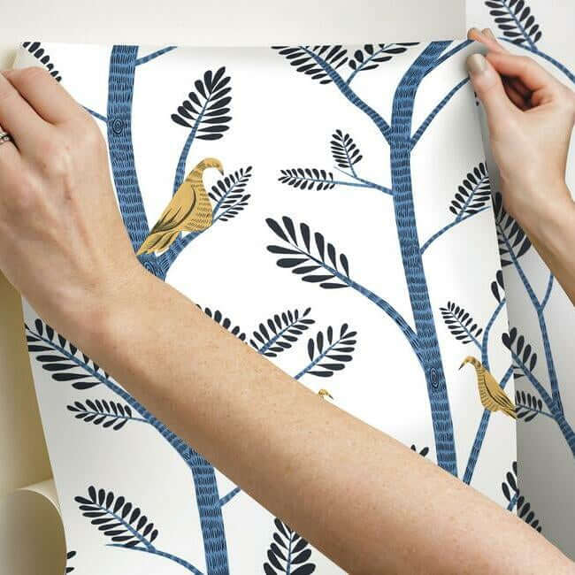 aviary-branch-premium-peel-stick-wallpaper-goldfinchcobalt-york-wallcoverings-psw1236rl - York Wallcoverings Wallpaper
