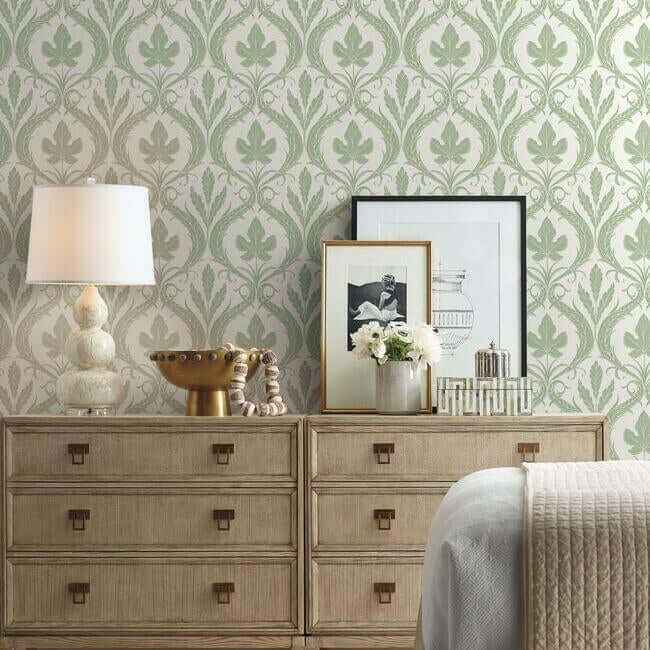 Adirondack Damask Green & White Wallpaper - York Wallcoverings - DM4921