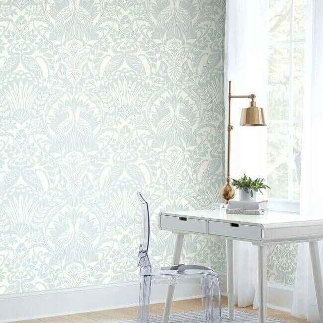 Egret Damask Wallpaper Sky Blue - York Wallcoverings - DM4999 - York Wallcoverings Wallpaper