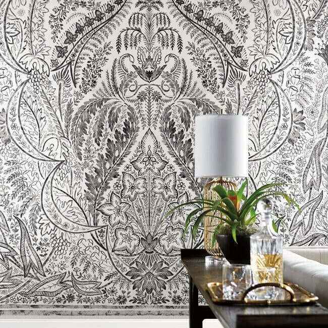 Jaipur Paisley Damas Black Wall Mural - York Wallcoverings - DM4911M - York Wallcoverings Wallpaper