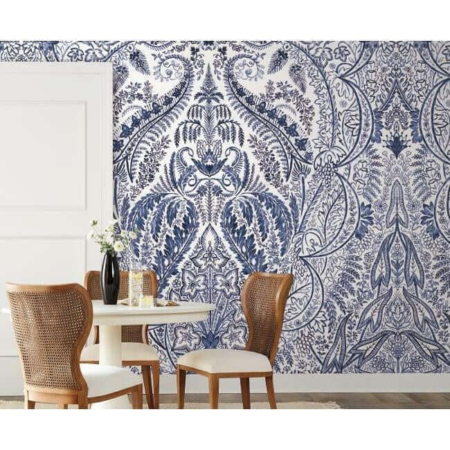 jaipur-paisley-damask-wall-mural-indigowhite-york-wallcoverings-dm4912m - York Wallcoverings Wallpaper