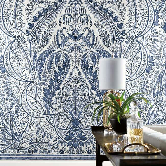 jaipur-paisley-damask-wall-mural-indigowhite-york-wallcoverings-dm4912m - York Wallcoverings Wallpaper