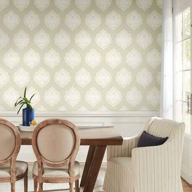 Signet Medallion Damask Beige Wallpaper - York Wallcoverings - DM4983 - York Wallcoverings Wallpaper