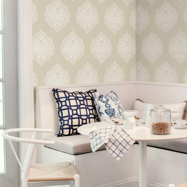 Signet Medallion Damask Beige Wallpaper - York Wallcoverings - DM4983 - York Wallcoverings Wallpaper
