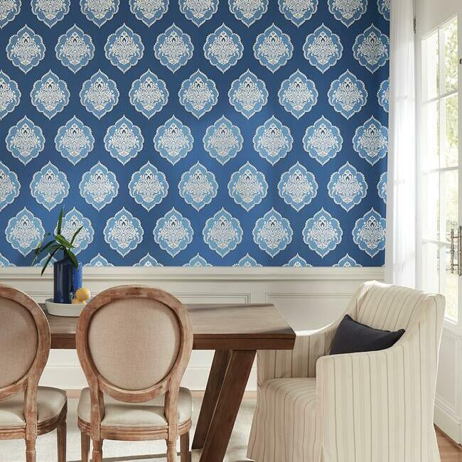 Signet Medallion Damask Blue Wallpaper - York Wallcoverings - DM4986 - York Wallcoverings Wallpaper