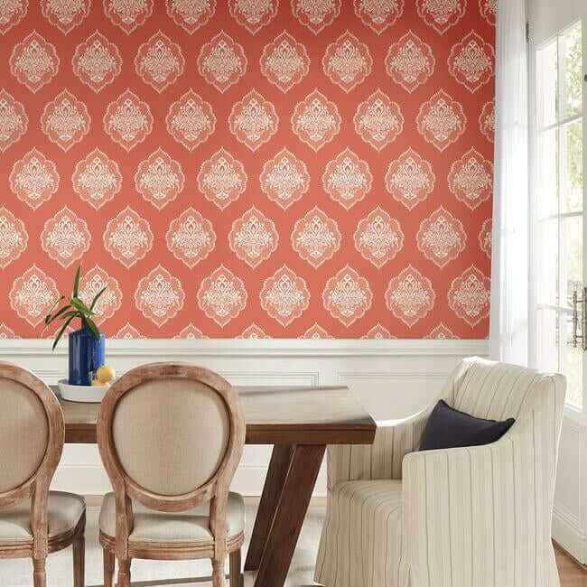 Signet Medallion Damask Coral Wallpaper - York Wallcoverings - DM4981 - York Wallcoverings Wallpaper