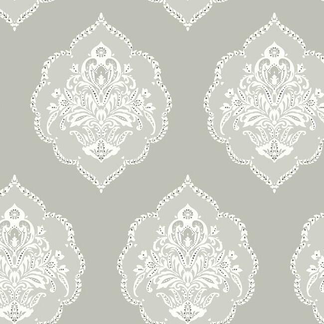 Signet Medallion Damask Grey Wallpaper - York Wallcoverings - DM4984 - York Wallcoverings Wallpaper