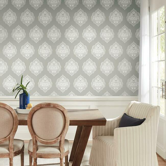 signet-medallion-damask-grey-wallpaper-york-wallcoverings-dm4984 - York Wallcoverings Wallpaper