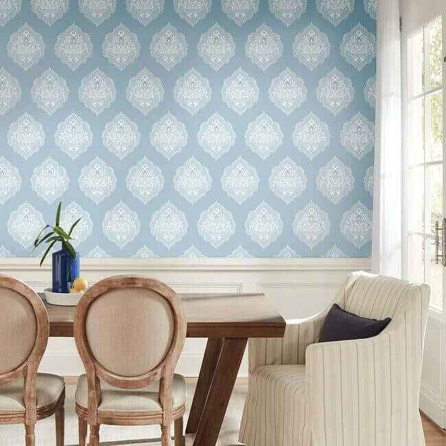 Signet Medallion Damask Blue Wallpaper - York Wallcoverings - DM4985 - York Wallcoverings Wallpaper