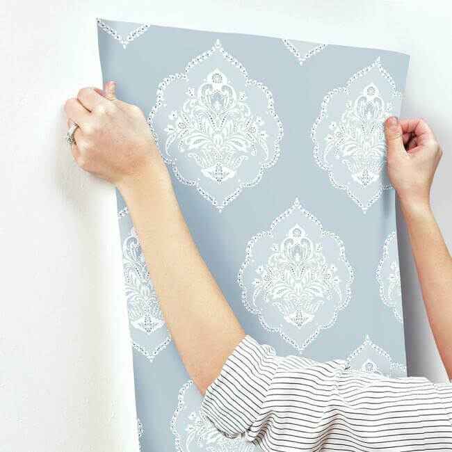 Signet Medallion Damask Blue Wallpaper - York Wallcoverings - DM4985 - York Wallcoverings Wallpaper