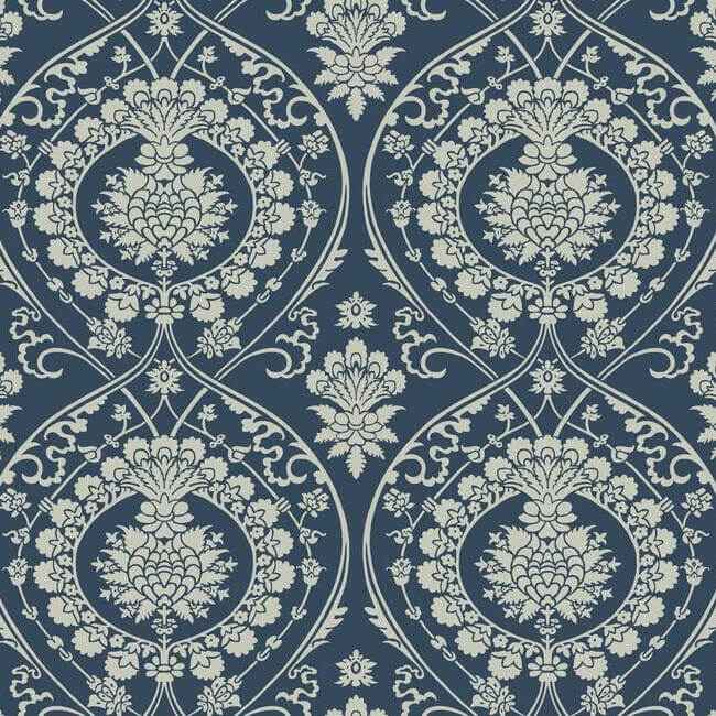 Imperial Damask Navy & Silver Wallpaper - York Wallcoverings - DM4901 - York Wallcoverings Wallpaper