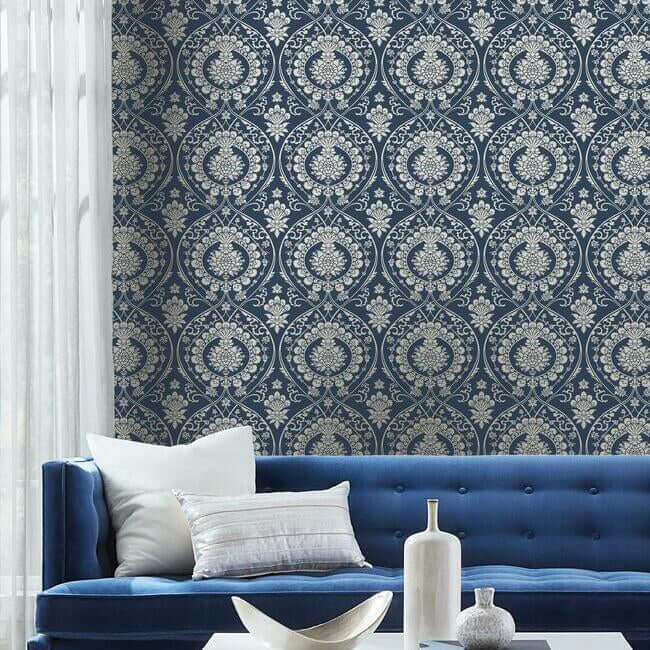 imperial-damask-wallpaper-navysilver-york-wallcoverings-dm4901 - York Wallcoverings Wallpaper