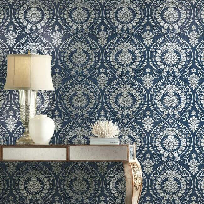 imperial-damask-wallpaper-navysilver-york-wallcoverings-dm4901 - York Wallcoverings Wallpaper
