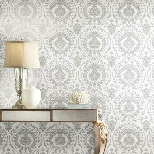 Imperial Damask White & Silver Wallpaper - York Wallcoverings - DM4905 - York Wallcoverings Wallpaper