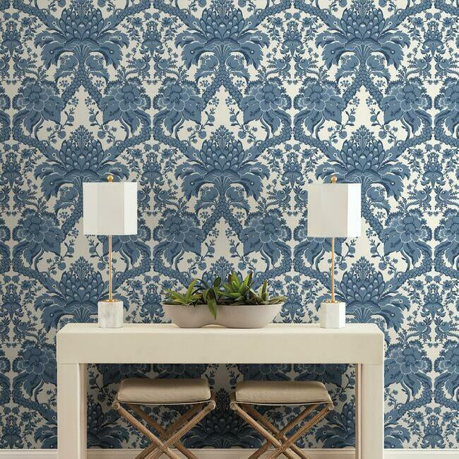 french-artichoke-damask-wallpaper-indigo-york-wallcoverings-dm4951 - York Wallcoverings Wallpaper