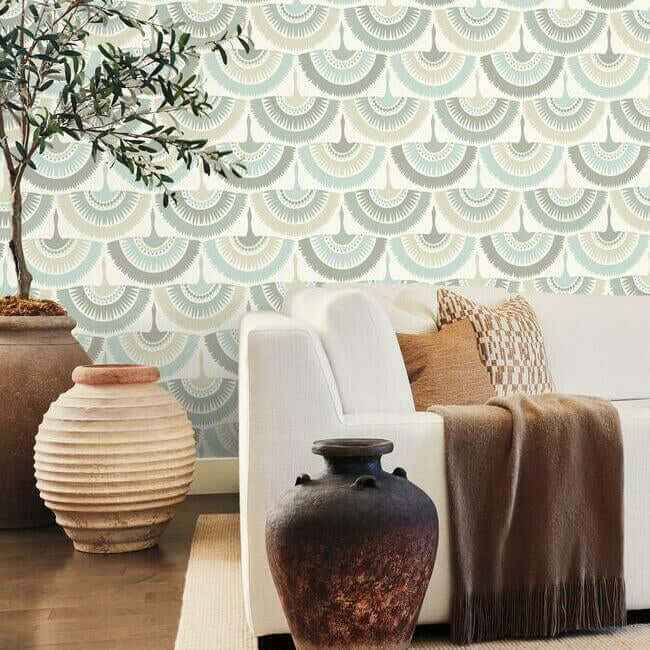 Feather & Fringe Cream & Blue Wallpaper - York Wallcoverings - BO6643 - York Wallcoverings Wallpaper