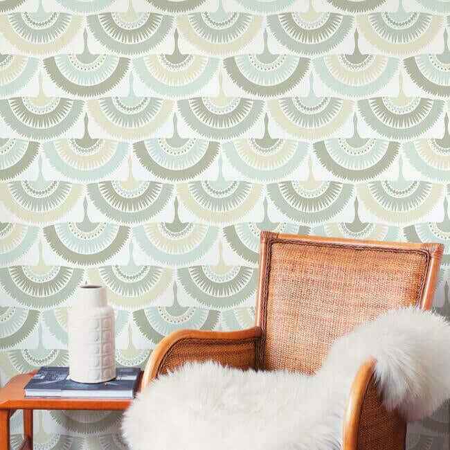Feather & Fringe Cream & Blue Wallpaper - York Wallcoverings - BO6643 - York Wallcoverings Wallpaper