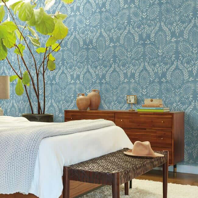 laurel-damask-blue-wallpaper-york-wallcoverings-bo6733 - York Wallcoverings Wallpaper