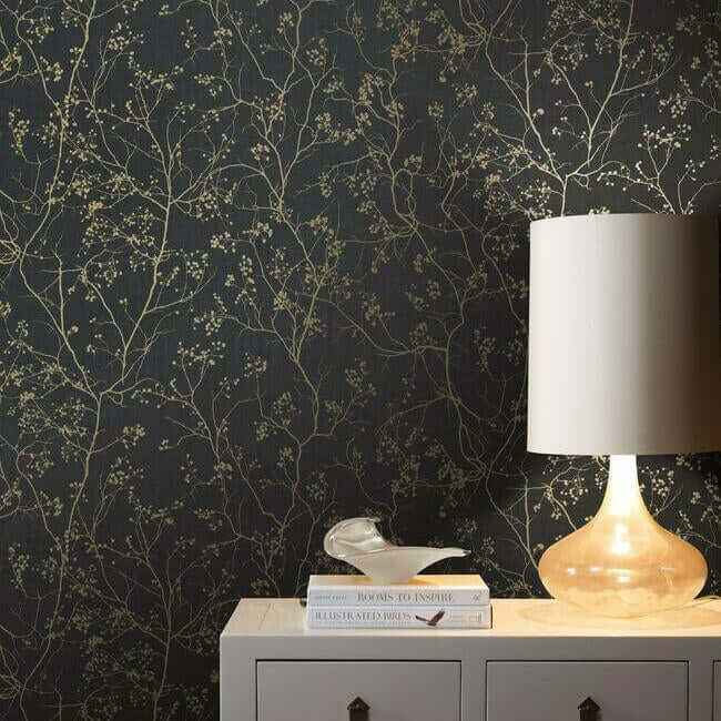 Luminous Branches Black & Gold Wallpaper - York Wallcoverings - DD3811