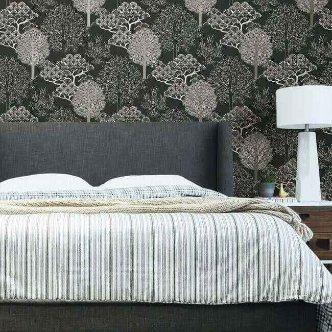 Kimono Trees Black Metallic Wallpaper - York Wallcoverings - BW3852