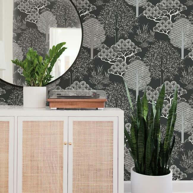 kimono-trees-black-metallic-wallpaper-york-wallcoverings-bw3852 - York Wallpaper Wallpaper