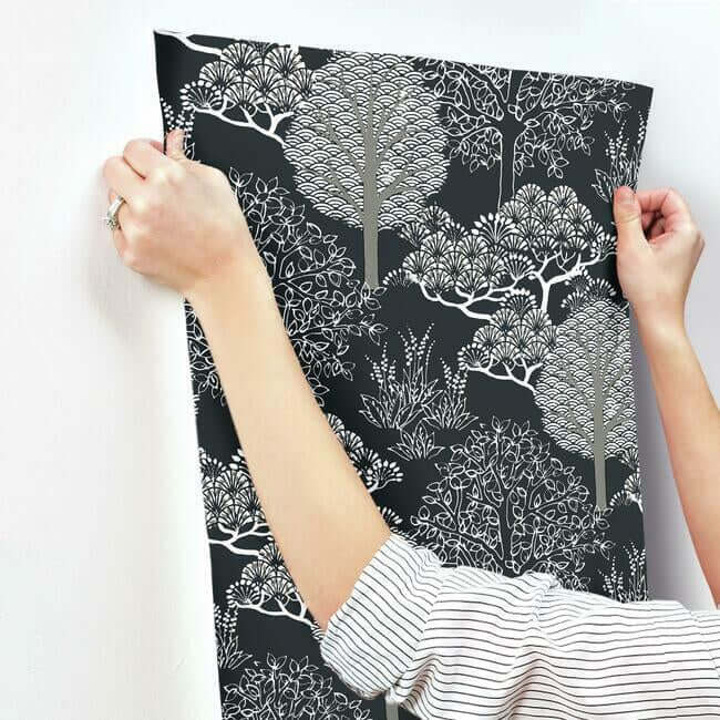 kimono-trees-black-metallic-wallpaper-york-wallcoverings-bw3852 - York Wallpaper Wallpaper