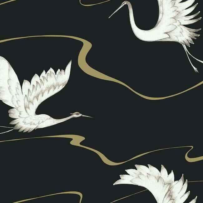 Soaring Cranes Black & Gold Wallpaper - York Wallcoverings - BW3871 - York Wallcoverings Wallpaper