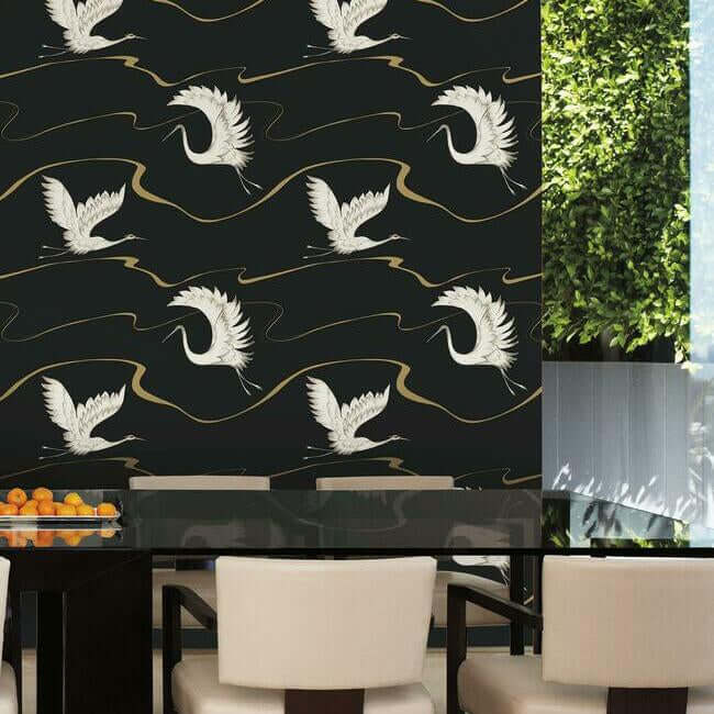 soaring-cranes-black-gold-wallpaper-york-wallcoverings-bw3871 - York Wallpaper Wallpaper
