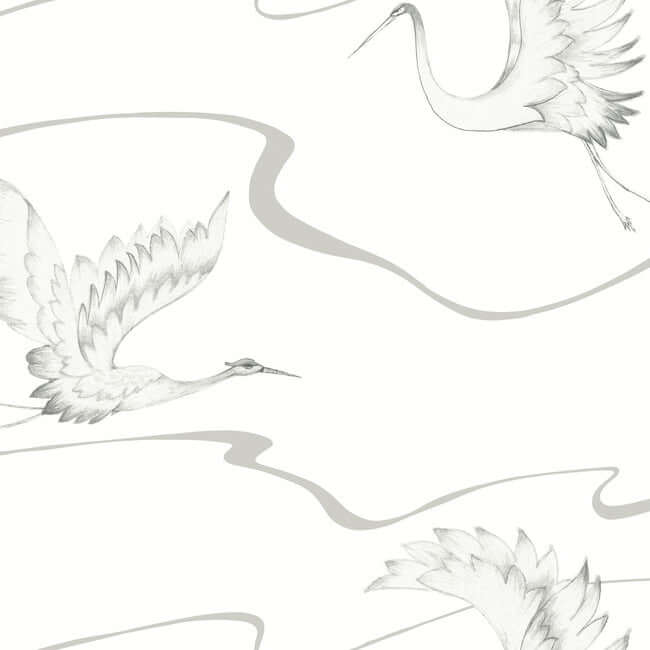 soaring-cranes-white-silver-wallpaper-york-wallcoverings-bw3873 - York Wallpaper Wallpaper