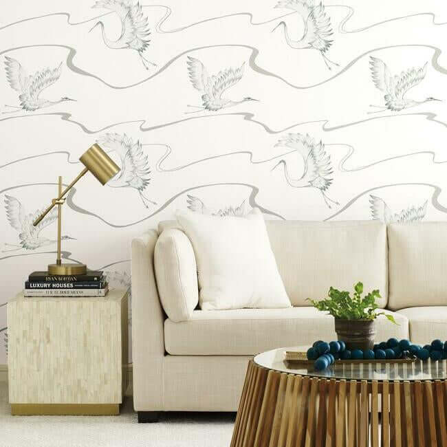 soaring-cranes-white-silver-wallpaper-york-wallcoverings-bw3873 - York Wallpaper Wallpaper