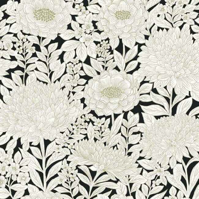 Wood Block Blooms Black & Gold Wallpaper - York Wallcoverings - BW3923
