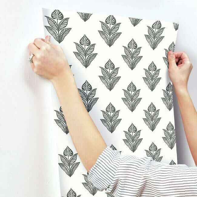 Lotus Motif Black & White Wallpaper - York Wallcoverings - BW3977 - York Wallcoverings Wallpaper