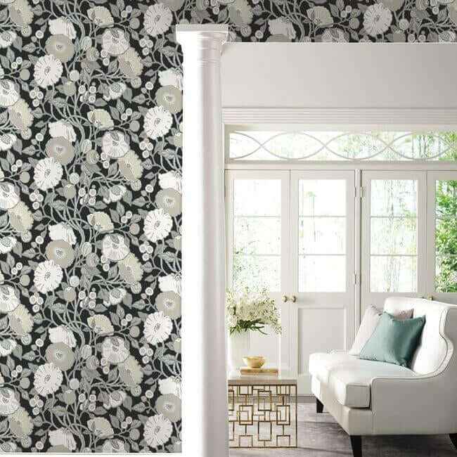 Vincent Poppies Black & Cream Wallpaper - York Wallcoverings - BW3981